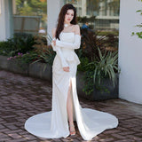 One-Word Shoulder Light Wedding Dress Korean Super Xiansen Bride's Morning Robes Go Out Of The Yarn High-End Feeling Light Luxury Thin Fishtail Dress HZ0517