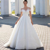 One-Word Shoulder Wedding Dress Princess Aristocratic Temperament Luxury Lace Shiny Heavy Industry Wedding Dress HZ0517