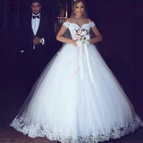Standing White Wedding Dress Lace Decoer Ball Shoulder Bridal Dress Mid-Siding Wedding Dress HZ0517