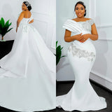 Shiny Long Mermaid Wedding Dress For Black Girl Side-Shoulder Diamond Bridal Dress Sweeping Tailings HZ0517