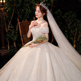 French Light Wedding Dress 2026 New Bridal Temperament Elegant Word Shoulder Repair Slim Large Tail Small Main Yarn HZ0517