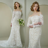 French Lace Elegant Temperament Shoulder Long-Sleeved Fish Tail Thin Bride Outdoor Lawn Wedding Dress Wedding Dress HZ0517