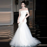 One-Word Shoulder French Light Wedding Dress Super Fairy Small Luxury Fish Tailsen Dress Senior Feeling Bride Welcome Out Of The Yarn HZ0517