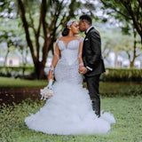 White Mermaid Wedding Dress Transparent Beaded Selet Layer Bridal Dress Dress Lace Long Sleeve Retro HZ0517