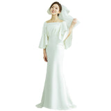 French-Style Stupa Wedding Dress 2025 Autumn And Winter New Mori Family Retro Shot Shoulder Simple Shoulder Small Tail Dress HZ0517