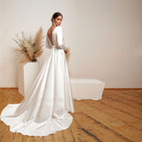Wish Temperament Wedding Dress V Long Elegant Simple Long-Sleeved Wedding Dress HZ0517