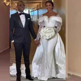 New Wedding Dress Grid Shoulder-Squining Long-Sleeved Heavy Industry Tail Bride Main Yarn Wedding Party HZ0517
