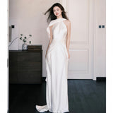 Hanging Neck Light Wedding Dress Thin Fish Tail Small Tail Bridal Certificate Registration Super Fairy Go Out Yarn White Dress Morning Robe Yarn HZ0517