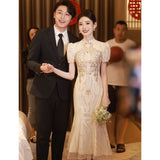 Champagne Golden Toast Dress 2025 New Bridal Fishtail Cheongsam Summer Coat Wedding Dress HZ0517
