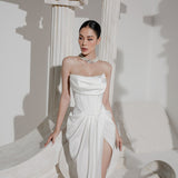 Tmear Fish Bone Folded Bag Ass Bridal Wedding Toast Dress Autumn New Hepburn High Open Fork Skirt HZ0517