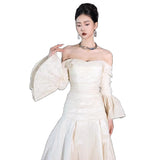French-Style Densinted Light Wedding Dress Bride Simply Covered The Ancient Long-Sleeved Small Habitat Forest Style Yarn One-Shoulder-Tail Dress HZ0517