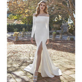 One-Word Shoulder-To-Shoulder Dress Tailed Long Sleeves Slimning Simple White Birthday Party Fishtail Dress Dress Woman HZ0517