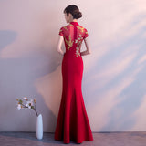 A Toasting Cheongsam Summer Long Chinese Bride Wedding Red Fishtail Evening Dress Women's Dress Evening Dress Evening Dress HZ0517