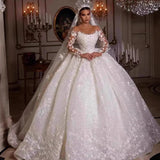 New African Wedding Dress Complexion Lace Long-Sleeved High-Waisted Diamond 3D Three-Dimensional Flower Bridal Wedding Dress HZ0517