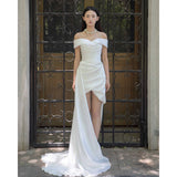 French Word Shoulder-Tailed Light Wedding Dress Bridal Certificate Registration Small White Dress Dress Short Group HZ0517
