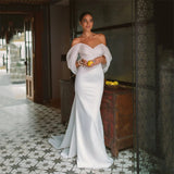 White Dens, A Word-And-Shoulder Fishtail Wedding Dress 2026 Simple Slimming Bride Goes Out Yarn Tailing Woman HZ0517