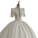 French-Style Densate Wedding Dress 2026 New Bridal Main Wedding Dress Simple Middle Sleeve Deep V-Neck Wedding Dress Direct Sales HZ0517