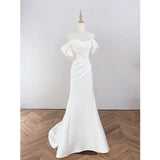 French Word Shoulder Light Wedding Dress Bride Simple Temperament Welcome Out Of The White Body-Repair Sutny Fishtail Dress Dress HZ0517