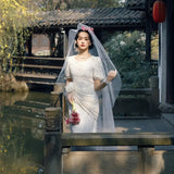 French Travel Photo Shoot Retro Light Wedding Dress White Lace Bubble Sleeve Photography Dress Dress HZ0517