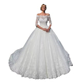New Bridal Wedding Dress Word Shoulder Long Sleeves Thin Temperament Drag Lace Dress HZ0517