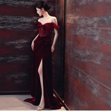 One-Word Shoulder Toasting High-Level Wedding Engagement Dress Light Luxury Small Velvet Banquet Presided Over The Fishtail Dress HZ0517