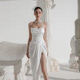 Tmear Fish Bone Folded Bag Ass Bridal Wedding Toast Dress Autumn New Hepburn High Open Fork Skirt HZ0517