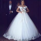 Standing White Wedding Dress Lace Decoer Ball Shoulder Bridal Dress Mid-Siding Wedding Dress HZ0517