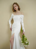 One-Word Shoulder Long Sleeves And Two Elegant Fishtails And Bridal Wedding Lawn Tour HZ0517