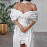 Women's Wedding Dress With A Word-Word Sleeveless Banquet Party Detachable Tail Dress HZ0517
