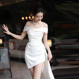 West Queen's Light Wedding Dress Short Simple White One-Word Shoulder Welcome Yarn Bridal Registration Dress Can Be Worn Daily HZ0517