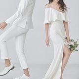 Welcome Dress Simple Light Cover Thick Arm Denine White Yarn Word Shoulder Thin Travel Shot Wedding Dress Fish Tail HZ0517