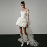 One-Word Shoulder-To-Shoulder White Short Simple French-Style Seduced Dress Small Man Engagement Certificate Registration Dress HZ0517