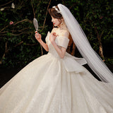 One-Word Shoulder French Light Wedding Dress 2026 New Temperament Big Tail Princess Style Bridal Dress Simple Atmosphere HZ0517