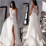 Wedding Dress 2026 New V-Neck High Fork Chiffon Lace Flowering Fine Shoulder Strap Dress HZ0517