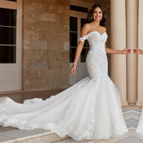 One-Word Shoulder Fishtail Wedding Dress Tug-Tailed Bridal Lawn Wedding Dress 2026 New HZ0517