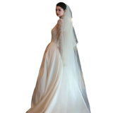 French Light Wedding Dress New Light Luxury Bride's Bridal Fasci Surface Small Tailings Linen Long-Sleeved Lace Yarn HZ0517