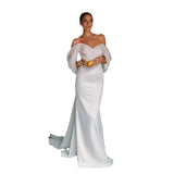 White Dens, A Word-And-Shoulder Fishtail Wedding Dress 2026 Simple Slimming Bride Goes Out Yarn Tailing Woman HZ0517