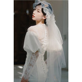 French Light Wedding Dress Long Sleeves And Tails Simple Travel Shot White Thin Lace Premium Sense Of The New Bride Out Of The Yarn HZ0517