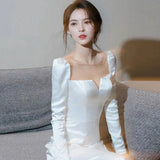 French Long-Sleeved Light Wedding Bridal Temperament Simple Spring And Autumn Fastern Go Out Yarn Super Fairy White Fishtail Dress Skirt HZ0517