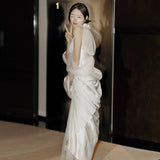 French Hanging Neck Light Wedding Dress 2026 New Bride Retro Simple Sing Dress Small Drag Tail Super Fairy Go Out Yarn Summer HZ0517