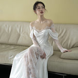 French-Style Silk Dress Light Luxury New Bridal Lace A Word Shoulder Light Dress Small Out Of The Yarn HZ0517