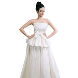 French Bra Light Wedding Dress Bride Simple Niche State Go Out Yarn Bow Engagement Dress Dress HZ0517