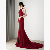 Wine Red Toasting Bride's New Fish Tail Repair Slimy Temperament Bare Back Sexy Hanging Neck Dress Texture Marriage HZ0517
