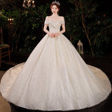 French Light Wedding Dress 2026 New Bridal Temperament Elegant Word Shoulder Repair Slim Large Tail Small Main Yarn HZ0517