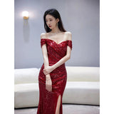 Fishtail Toast Bridal Wine Red Open Fork Engagement Dress Dress Squins Shoulder Host Senior Sense HZ0517