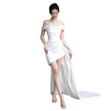 West Queen's Light Wedding Dress Short Simple White One-Word Shoulder Welcome Yarn Bridal Registration Dress Can Be Worn Daily HZ0517