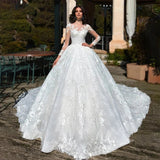 2026 New Long-Sleeved Shoulder Long-Tailed Lace-Puff Skirt Wedding Dress High-End Thin Ceremony Yarn HZ0517