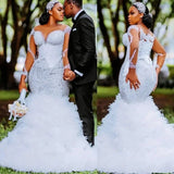 White Mermaid Wedding Dress Transparent Beaded Selet Layer Bridal Dress Dress Lace Long Sleeve Retro HZ0517