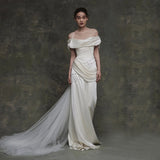 One-Word Shoulder Light Wedding Dress High-End Feeld With The Bridal Simple Light Luxury Super Fairy Fishtail Go Out Yarn Tail Welcome Dress HZ0517