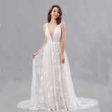 Simple V Collar Sleeveless Lace Pattern White Wedding Dress 2026 New Sexy Self-Scuffy Dress HZ0517